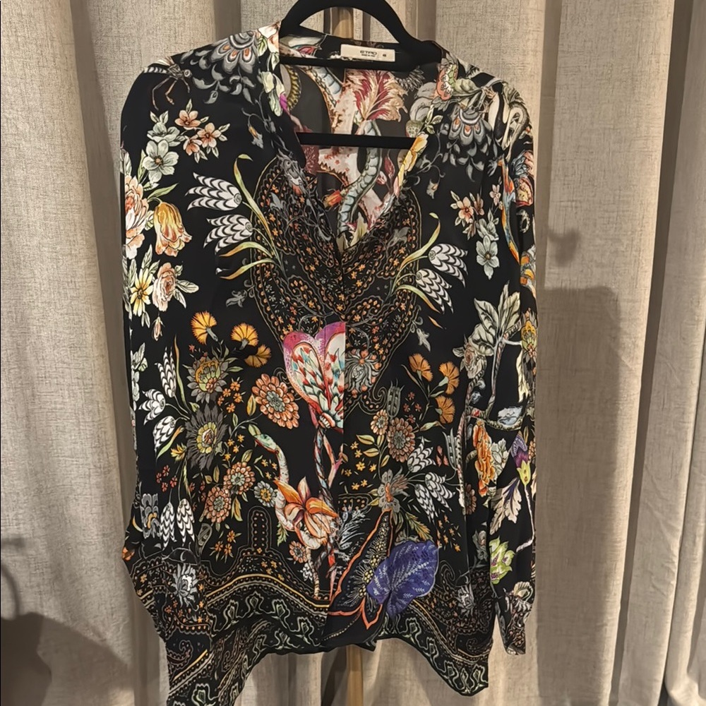 Etro Blue and White Graphic Blouse with Bishop Sleeves